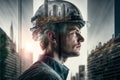 Civil engineering portrait engineer wearing helmet with wondrous double exposure