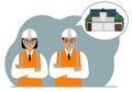 Civil engineers are thinking about building a house. A smiling woman and a man in hardhats and vests are planning a work