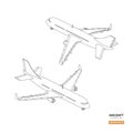 Civil isometric aircraft in outline style. Industrial blueprint of airplane. Front and back view. Plane contour icon