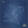 Civil isometric aircraft in outline style. Industrial blueprint of airplane. Front and back view. Plane contour icon Royalty Free Stock Photo