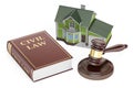 Civil law concept, house with gavel and book. 3D rendering Royalty Free Stock Photo