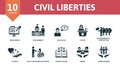 Civil Liberties set icon. Editable icons civil liberties theme such as mass media, religious, environmental protection Royalty Free Stock Photo