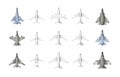 Civil and military aircraft top view. Cartoon jet fighters and civil aviation cargo and passenger airplanes, monoplanes Royalty Free Stock Photo