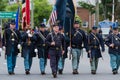 Civil War era Veteran elderly old Uniformed soldiers in USA army all white men walk in formation