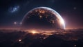 Civilized earth-like planet rising over the horizon AI created Royalty Free Stock Photo