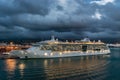 Royal Caribbean Cruise Line Jewel of The Seas Cruise Ship docked in the Port of Rome on a rainy night. Royalty Free Stock Photo