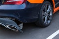 A CLA 200 car Mercedes Benz from car sharing company `Belka car` on toll parking. Rear bumper fell off after a traffic accident.