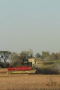 A CLAAS Combine cutting soy beans in a farm fields out in the country