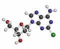 Cladribine cancer drug molecule. Atoms are represented as spheres with conventional color coding: hydrogen (white), carbon (grey