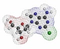 Cladribine cancer drug molecule. Atoms are represented as spheres with conventional color coding: hydrogen (white), carbon (grey