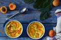 Clafouti with apricots in rameken on blue wooden background. Fruits clafoutis. Sweet casserole. Traditional French cake. Copy spac Royalty Free Stock Photo