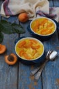 Clafouti with apricots in rameken on blue wooden background. Fruits clafoutis. Sweet casserole. Traditional French cake. Copy spac