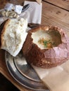 Clam Chowder in Bread Bowl. Homemade cream soup Royalty Free Stock Photo