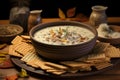 clam chowder in a ceramic bowl with crackers Royalty Free Stock Photo