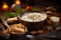 clam chowder in a ceramic bowl with crackers Royalty Free Stock Photo