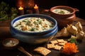 clam chowder in a ceramic bowl with crackers Royalty Free Stock Photo