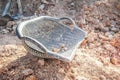 Black clam-shell shaped basket on soil pile Royalty Free Stock Photo