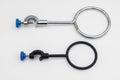 Clamp holder. Laboratory equipment. Ring clamp are used to place separating funnel and glass funnel. In a chemical laboratory