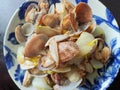 clams braised with cabbages in the plate