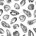 Clams, mussels pattern. Seafood background Royalty Free Stock Photo