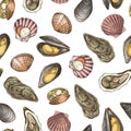 Clams, mussels pattern. Seafood background