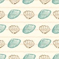 Clams and oysters seamless vector striped pattern in calming light colors
