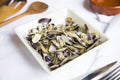 Clams tapa cooked with garlic, oil and white wine. Traditional Spanish tapa recipe. Royalty Free Stock Photo