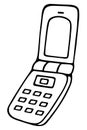 Clamshell smartphone. Sketch. Button cell phone. Doodle style. An outdated communication model