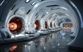 Clandestine massive hangar sized underground research lab, all white and concrete and chromed surfaces,