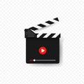 Clap board for cinema with play button. Film slate. Film production concept. Start watch or play video. Movie media symbol. Vector Royalty Free Stock Photo