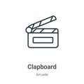 Clapboard outline vector icon. Thin line black clapboard icon, flat vector simple element illustration from editable entertainment