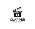 Clapboard and play sign logo template. Clapper board vector design