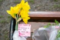 CLAPHAM, LONDON, ENGLAND- 16 March 2021: Flowers and tributes on a bench near Clapham Common Bandstand, in memory of Sarah Everard