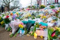 CLAPHAM, LONDON, ENGLAND- 16 March 2021: Flowers and tributes at Clapham Common Bandstand, in memory of Sarah Everard Royalty Free Stock Photo