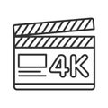 Clapper board black line icon. 4K ultra HD resolution movie shooting. Cinematograph concept. Pictogram for web page, mobile app,