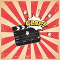 Clapperboard with Clap word on vintage striped pop art background. Vector retro cinema illustration.