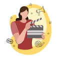 Clapperboard girl at workplace, occupation people, vector stylized illustration