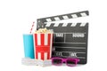 Clapperboard, paper cup, bucket with popcorn, tickets and 3d glasses isolated