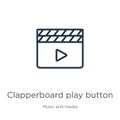 Clapperboard play button icon. Thin linear clapperboard play button outline icon isolated on white background from music and media