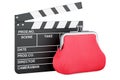 Clapperboard with purse coin, 3D rendering