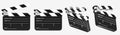 Clapperboards open and closed icons on white background, front and angle view. Realistic set of cinema production