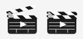 Clapperboards open and closed with play video icons on white background, front view. Cinema production equipment, film