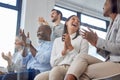 Clapping, applause and business people in a meeting in celebration of success, goal or achievement. Diversity