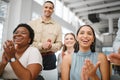 Clapping, celebrating and excited after training presentation, office meeting or education workshop for creative group Royalty Free Stock Photo