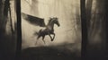 Gothic-inspired Monochromatic Imagery Of A Winged Horse In The Woods