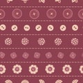 Claret vector seamless repeat pattern with different buttons in horizontal stripes for fabric, scrapbooking and craft