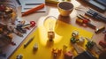 Clarifying complex ideas theme with a glowing light bulb - Creative yellow flat lay composition