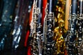 Clarinets in a shop window of musical instruments