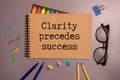 Clarity precedes success concept written on a notepad isolated on a wooden table.