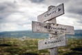 Clarity, precedes and success text on wooden sign post outdoors in landscape scenery. Royalty Free Stock Photo